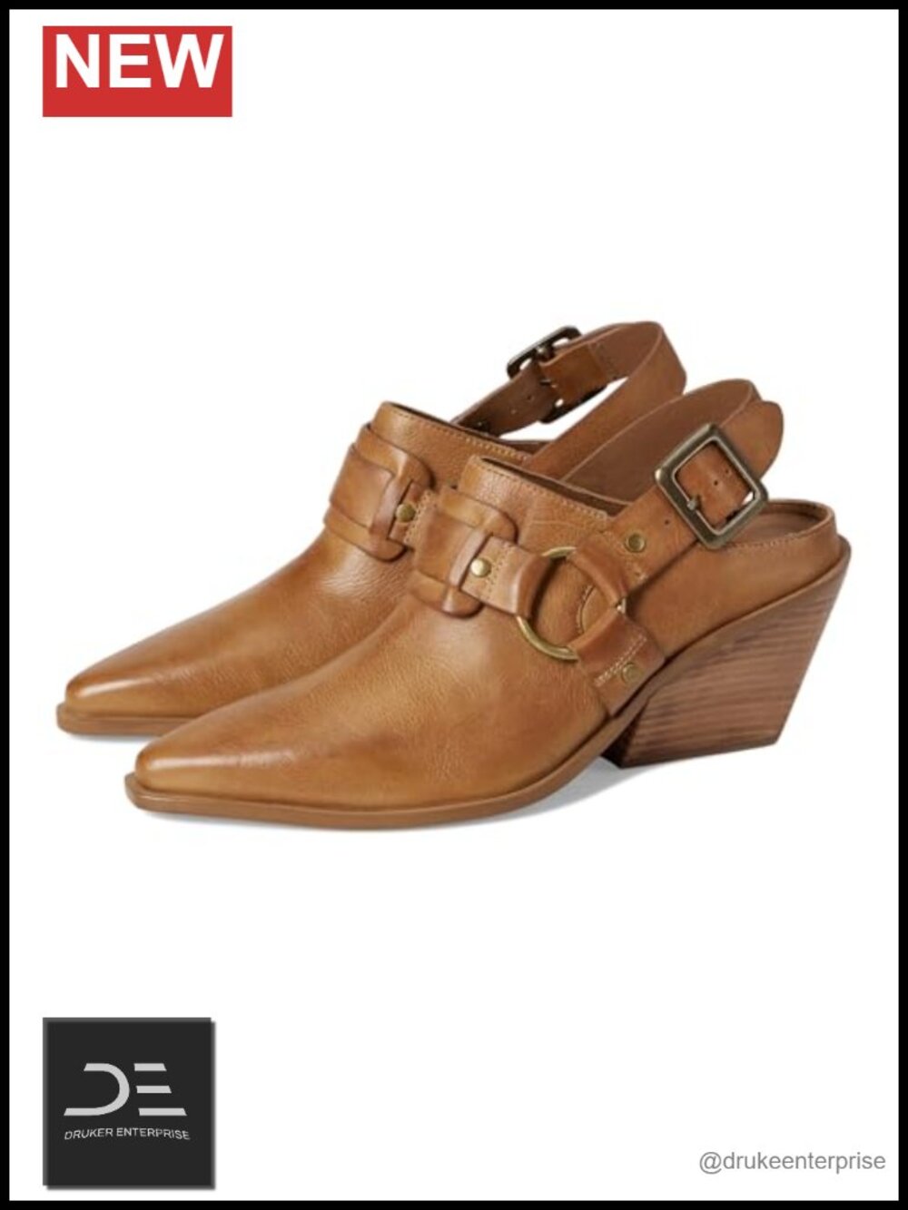 Genuine Leather Pointed Toe Heeled Mules with Buckle Strap